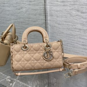 CD Small Lady D-Joy Bag Patent Cannage Calfskin Gold Tone Metal Nude Pink