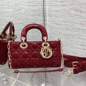 CD Small Lady D-Joy Bag Patent Cannage Calfskin Gold Tone Metal Cherry Red