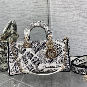 CD Medium Lady D-Joy Bag Plan de Paris Embroidery White and Black