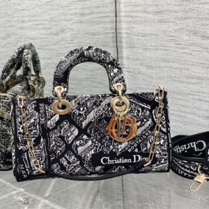 CD Medium Lady D-Joy Bag Plan de Paris Embroidery Black and White
