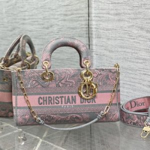 CD Medium Lady D-Joy Bag Toile de Jouy Embroidery Grey and Pink