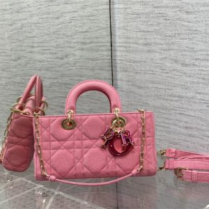 CD Medium Lady D-Joy Bag Cannage Denim Pink Gold Tone Metal