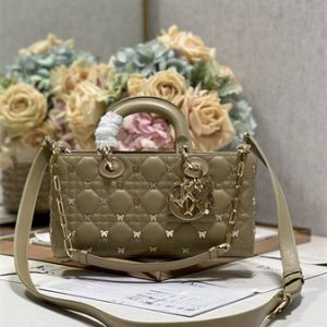 CD Medium Lady D-Joy Bag Cannage Lambskin With Golden Butterfly Gold Tone Metal Beige