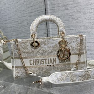 CD Medium Lady D-Joy Bag Jardin d'Hiver Embroidery Gold Tone and White