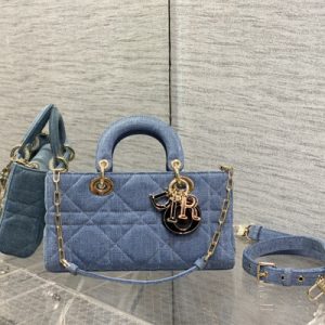 CD Medium Lady D-Joy Bag Cannage Denim Blue Gold Tone Metal