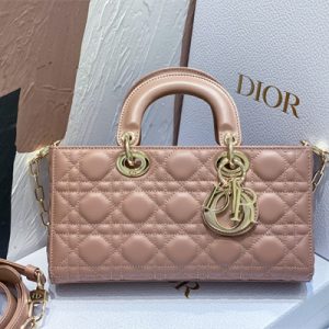 CD Medium Lady D-Joy Bag Cannage Lambskin Gold Tone Metal Dusty Pink