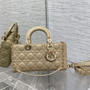 CD Medium Lady D-Joy Bag Cannage Lambskin Gold Tone Metal Beige