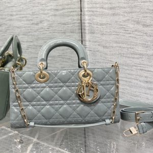 CD Medium Lady D-Joy Bag Patent Cannage Calfskin Gold Tone Metal Stone Grey