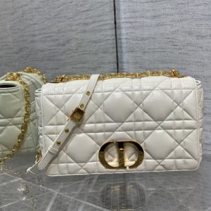 CD Large Di.or Caro Bag Quilted Macrocannage Calfskin Gold Tone Metal White