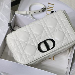 CD Large Di.or Caro Bag Quilted Macrocannage Calfskin Guncolor Tone Metal White