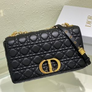 CD Large Di.or Caro Bag Supple Cannage Calfskin Gold Tone Metal Black