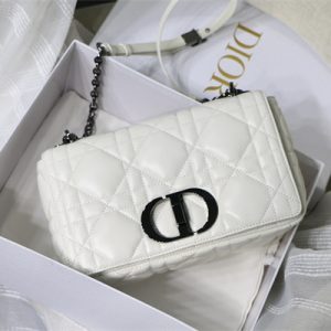 CD Medium Di.or Caro Bag Quilted Macrocannage Calfskin Guncolor Tone Metal White
