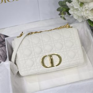CD Medium Di.or Caro Bag Supple Cannage Calfskin Gold Tone Metal White