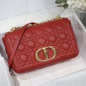 CD Medium Di.or Caro Bag Supple Cannage Calfskin Gold Tone Metal Red