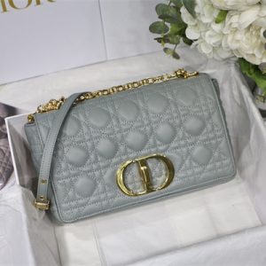 CD Medium Di.or Caro Bag Supple Cannage Calfskin Gold Tone Metal Stone Grey