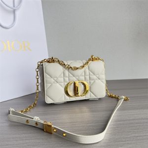 CD Small Di.or Caro Bag Quilted Macrocannage Calfskin Gold Tone Metal White