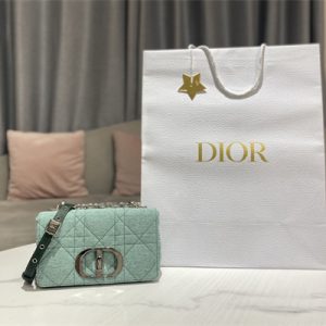 CD Small Di.or Caro Bag Macrocannage Linen Silver Tone Metal Green