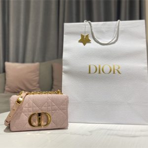 CD Small Di.or Caro Bag Macrocannage Linen Gold Tone Metal Rose Pink