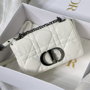 CD Small Di.or Caro Bag Quilted Macrocannage Calfskin Guncolor Tone Metal White