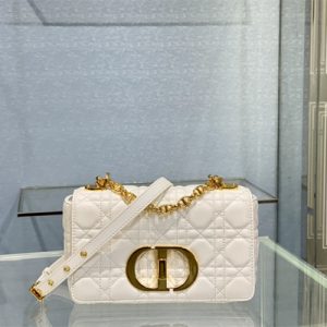 CD Small Di.or Caro Bag Supple Cannage Calfskin Gold Tone Metal White