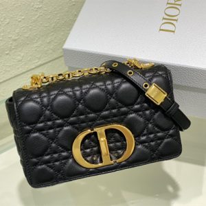 CD Small Di.or Caro Bag Supple Cannage Calfskin Gold Tone Metal Black
