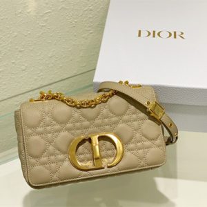 CD Small Di.or Caro Bag Supple Cannage Calfskin Gold Tone Metal Beige