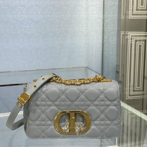 CD Small Di.or Caro Bag Supple Cannage Calfskin Gold Tone Metal Stone Grey