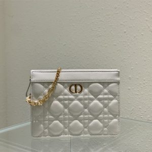 CD Caro Zipped Pouch Supple Cannage Calfskin Gold Tone Metal White