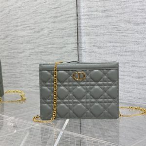 CD Caro Zipped Pouch Supple Cannage Calfskin Gold Tone Metal Stone Grey