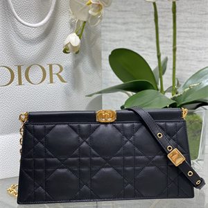 CD Caro Colle Noire Clutch with Chain Black Cannage Lambskin Gold Tone Metal