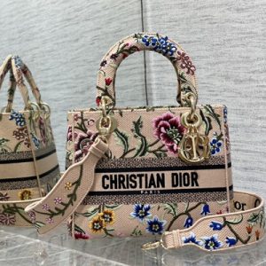 CD Medium Lady Di.or D-Lite Bag Petites Fleurs Embroidery Beige