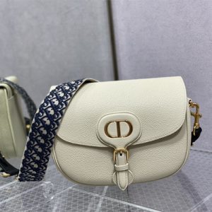CD Large Di.or Bobby Bag White Grained Calfskin With Blue Di.or Oblique Emb Shoulder Strap