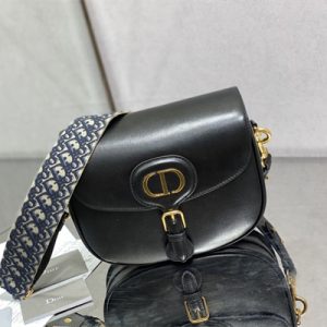CD Large Di.or Bobby Bag Black Box Calfskin With Blue Di.or Oblique Emb Shoulder Strap