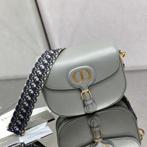 CD Large Di.or Bobby Bag Stone Grey Box Calfskin With Blue Di.or Oblique Emb Shoulder Strap