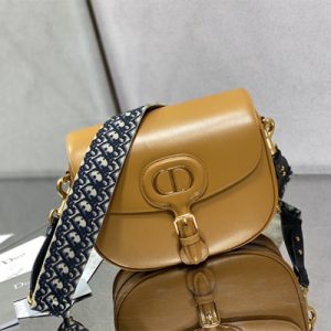 CD Large Di.or Bobby Bag Amber Box Calfskin With Blue Di.or Oblique Emb Shoulder Strap