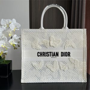 CD Large Book Tote White D-Lace Butterfly Embroidery With Macrame Effect