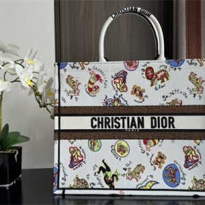 CD Large Book Tote Dragon Zodiac Embroidery White Multicolor