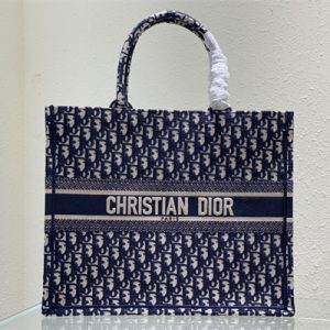 CD Large Book Tote Ecru and Blue Oblique Embroidery