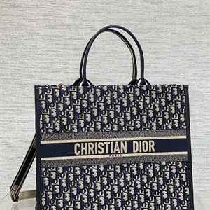 CD Large Book Tote With Strap Ecru and Blue Oblique Embroidery