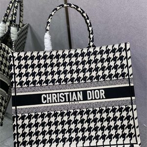 CD Large Book Tote Macro Houndstooth Embroidery Black and White