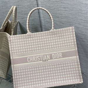 CD Large Book Tote Macro Houndstooth Embroidery Ecru and Pink