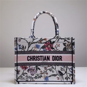 CD Medium Book Tote Rosa Mutabilis Embroidery White Multicolor