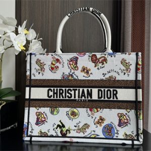 CD Medium Book Tote Dragon Zodiac Embroidery White Multicolor