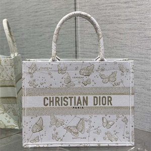 CD Medium Book Tote Butterfly Zodiac Embroidery Gold Tone and White
