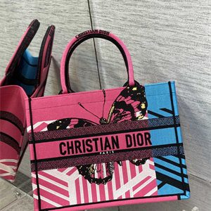 CD Medium Book Tote D-Jungle Pop Embroidery Pink and Blue