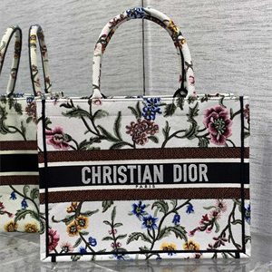 CD Medium Book Tote Petites Fleurs Embroidery White Multicolor