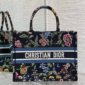 CD Medium Book Tote Petites Fleurs Embroidery Black Multicolor