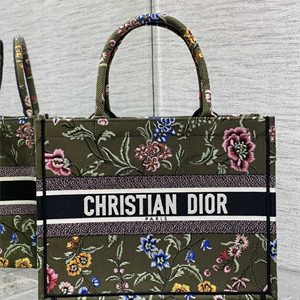 CD Medium Book Tote Petites Fleurs Embroidery Kaki Green Multicolor