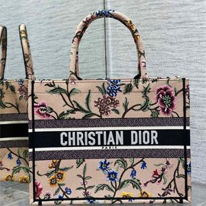 CD Medium Book Tote Petites Fleurs Embroidery Nude Beige Multicolor