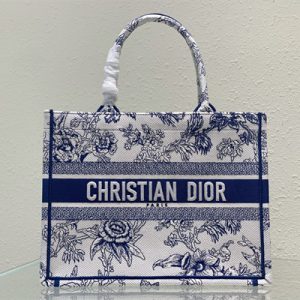 CD Medium Book Tote Jardin Botanique Embroidery White and Blue